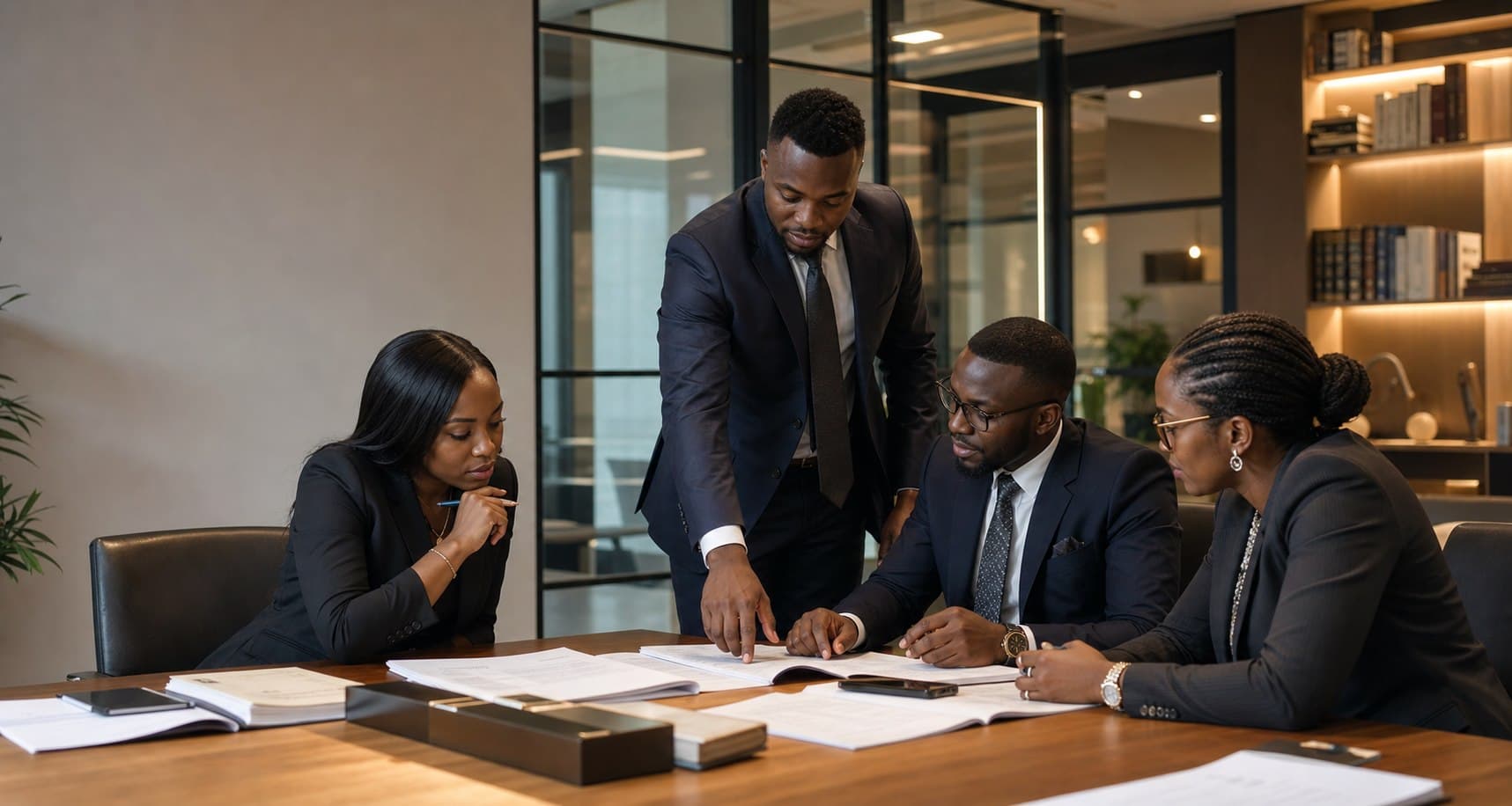 Black legal professionals studying documents and discussing case strategy